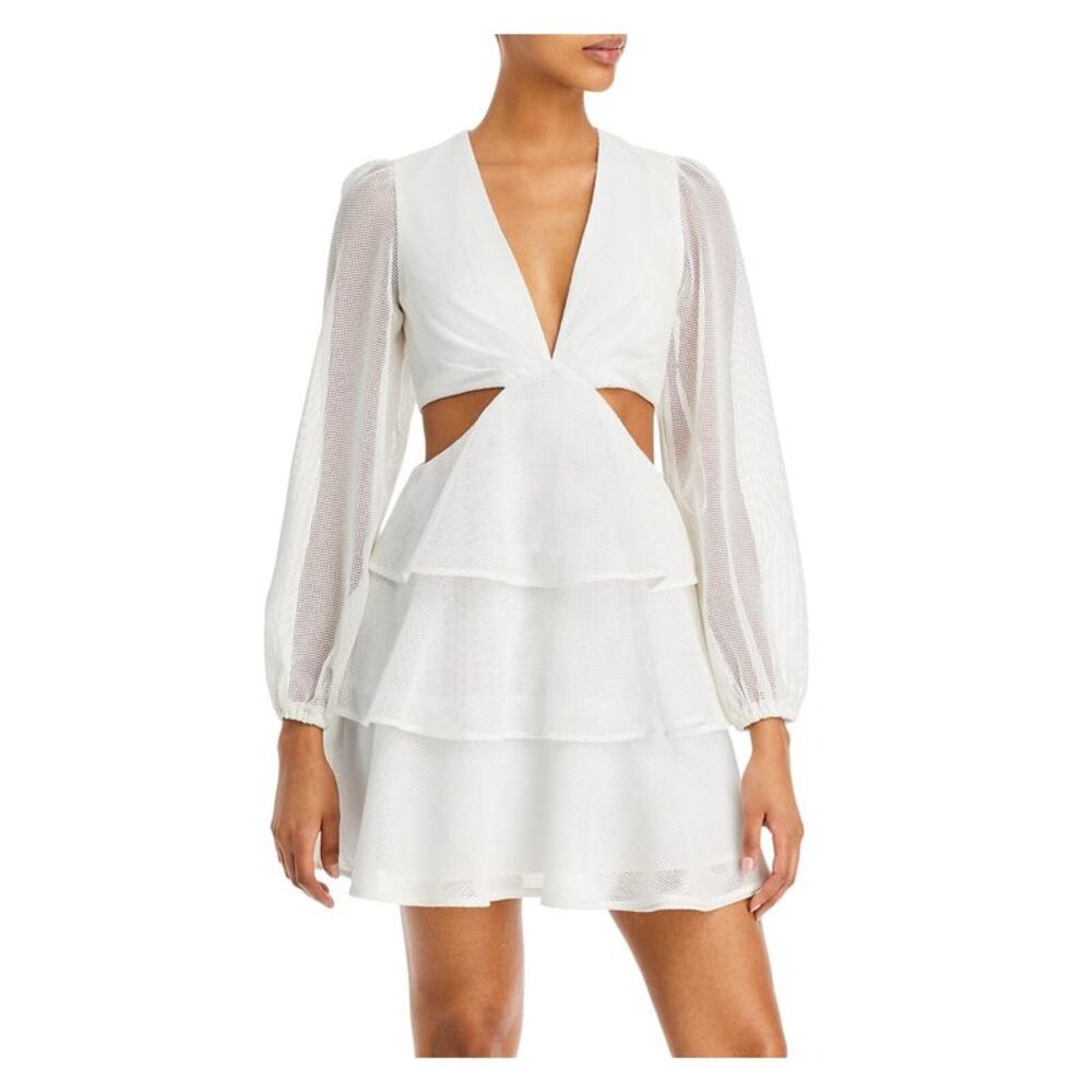 AQUA Womens Short Dress White Long Sleeve Side Cut Outs Lined Juniors 6
